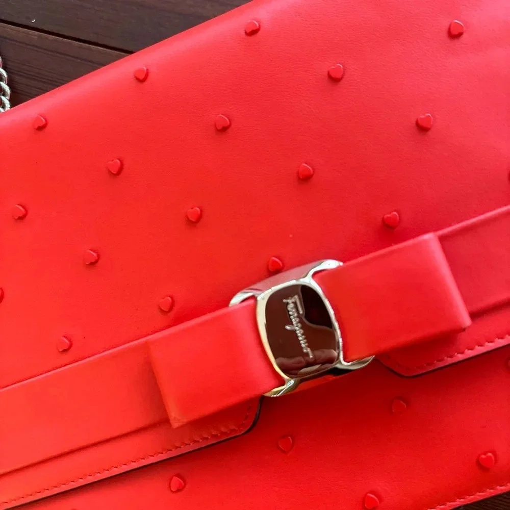 Ferragamo Vara Hearts Shoulder Bag in Candy Apple Red RARE